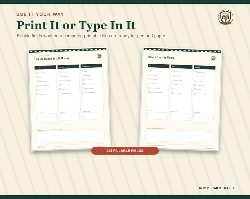 Train Travel Packing Checklist Printable, Rail Trip Essentials Planner, Fillable PDF, Railfan Vacation Organizer