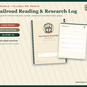 Railroad Reading and Research Log Printable, Rail History Source Tracker, Fillable PDF, Train Historian Journal