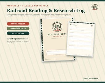 Railroad Reading and Research Log Printable, Rail History Source Tracker, Fillable PDF, Train Historian Journal