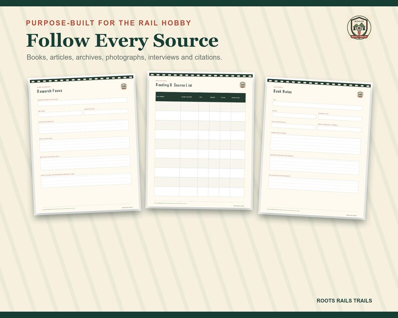 Railroad Reading and Research Log Printable, Rail History Source Tracker, Fillable PDF, Train Historian Journal