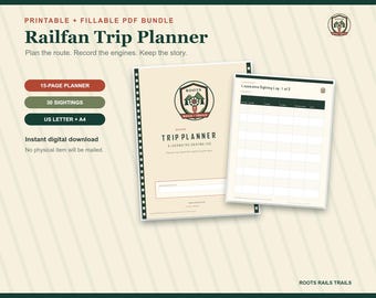 Planejador de viagens para entusiastas de trens (imprimível), livro de registro de observação de trens, diário de avistamento de locomotivas, PDF preenchível, presente para fãs de ferrovias
