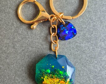 Art Deco Emerald Gold Gem Keychain Charm:  Geometric Resin Dangle Statement Glitter Green Quirky