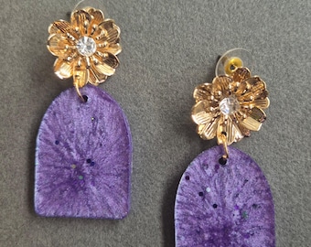 Lilac Ombre Glitter Earrings: Gold Tone Resin Flower Dangle