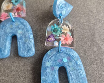 Art Deco Floral Azure Blue Statement Earrings: Geometric Resin Dangle Statement Glitter Turquoise Quirky