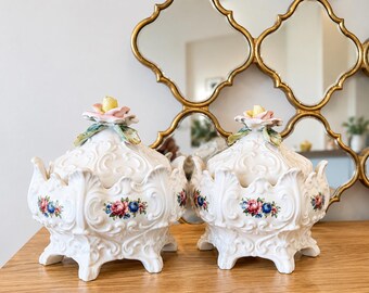 Excellent Rare Vintage Bassano Italy Porcelain Lid Tureen Urn Set of 2 Hand Painted Floral 18cm Pair