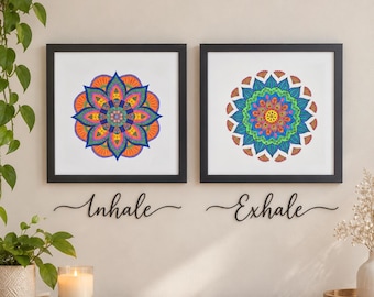 Inhale Exhale Mandala Art Set | Hand Made Colourful Framed Wall Art | Mindfulness & Meditation Decor | Handmade Boho Home Decor Colorful