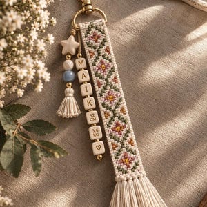 May include: A woven keychain featuring a floral pattern in pink, green, and orange, finished with a cream tassel. It includes a gold-tone clasp and a string of beads displaying the name MAIK, 52 cm, 3.6 kg, a heart symbol, and a star charm.