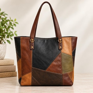 May include: A tote bag featuring a patchwork design of leather-like panels in black, dark brown, tan, and olive green. The bag has two brown shoulder straps attached with brass-toned metal rings and rivets, and a structured rectangular shape.