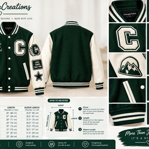 Op de afbeelding: Een donkergroene en crèmekleurige varsity-jas met een grote letter C-patch op de borst, berg- en sterpatches op de mouwen, en de tekst Better Days Ahead en Good Things Take Time, inclusief een maattabel en een meetinstructie.