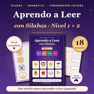 Puede incluir: Un paquete educativo morado titulado Aprendo a Leer con Sílabas Nivel 1 + 2, que contiene 18 páginas de actividades imprimibles. La portada muestra iconos coloridos de animales y objetos con sus nombres en español debajo.