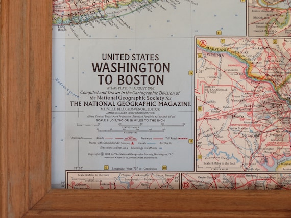 Vintage 1962 National Geographic Map of United States Washington to Boston