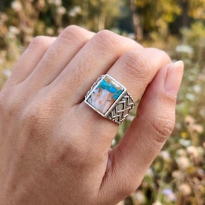 Ring mit natürlichem Stachelausterntürkis, 925er Sterlingsilber, Boho-Stil, Südwest-Edelsteinring, Geschenkidee