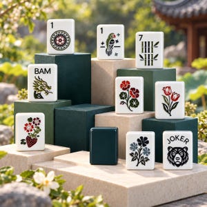 May include: A collection of white Mahjong tiles featuring various colorful illustrations including a dragon with the text BAM, a parrot, a strawberry plant, flowers, bamboo stalks, and a bear with the text JOKER. One tile is solid dark green.