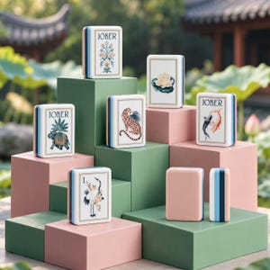 以下が含まれることがあります： 白い面と多色の縁を持つ長方形の麻雀牌のセット。牌にはヒョウ、ツル、ハス、ゾウ、鯉のイラストが描かれており、一部の牌には黒い文字でJOKERまたは数字の1が記されています。