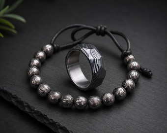 Handmade Damascus Steel Jewelry Set, Damascus Bracelet & Titanium Inlay Ring, Men's Jewelry Gift, Matching Jewelry Set, Custom Ring