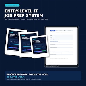May include: A digital training resource titled Entry-Level IT Job Prep System, featuring 100 realistic IT support tickets, solutions, interview guides, and portfolio tasks. The display includes three stacked document previews and a technician workspace.