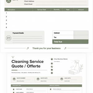 May include: A digital template set for a cleaning business, featuring an Invoice/Factuur and a Cleaning Service Quote/Offerte. The documents include fields for business details, client information, service descriptions, payment terms, and totals.