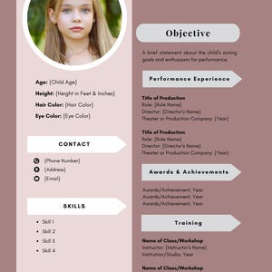 Może przedstawiać: Szablon CV dla dziecięcego aktora z okrągłym zdjęciem portretowym młodej dziewczyny o blond włosach. Dokument jest podzielony na dwie kolumny w kolorze wrzosowym i jasnoróżowym, zawierający miejsca na dane kontaktowe, umiejętności i doświadczenie.