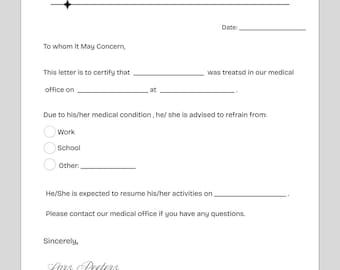 Doctor Excuse Note Template for Work & School, Editable and Printable PDF
