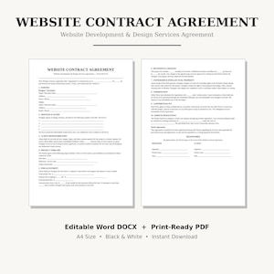 Website Contract Agreement Template, Web Design Contract, Freelance Web Developer Service Agreement, Website Designer Client Contract