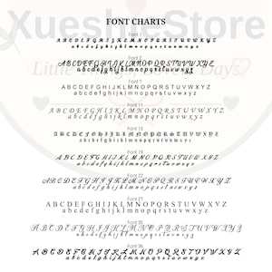 Puede incluir: Una tabla de fuentes en blanco y negro que muestra diez estilos de alfabeto distintos etiquetados como Font 1, 2, 7, 11, 13, 19, 22, 27, 35 y 36. Cada entrada incluye letras may&uacute;sculas y min&uacute;sculas en varios estilos, desde cursiva hasta letra de molde.
