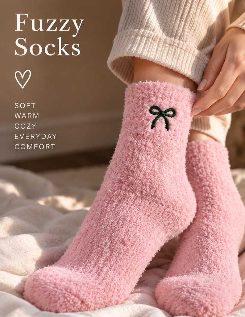 Puede incluir: Un par de calcetines rosas difusos con un peque&ntilde;o detalle de lazo bordado en verde oscuro en el tobillo. El texto en la imagen dice: Fuzzy Socks, s&iacute;mbolo de coraz&oacute;n, SOFT, WARM, COZY, EVERYDAY, COMFORT. Los calcetines tienen un acabado texturizado.