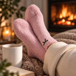 Puede incluir: Un par de calcetines tobilleros de color rosa claro, suaves y esponjosos, con un peque&ntilde;o detalle de lazo negro bordado en el lateral. Los calcetines est&aacute;n hechos de un material de felpa con textura visible.