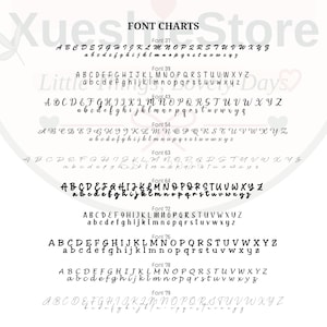 Puede incluir: Una tabla de fuentes que muestra diez estilos de alfabeto distintos etiquetados como Font 37, 39, 43, 54, 63, 64, 72, 76, 78 y 79. Cada entrada presenta letras may&uacute;sculas y min&uacute;sculas en negro sobre fondo blanco, con el t&iacute;tulo FONT CHARTS.