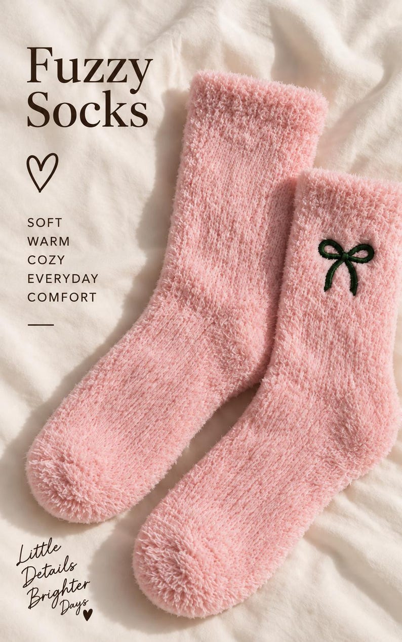 Puede incluir: Un par de calcetines rosas suaves y peludos con un lazo bordado en verde oscuro en el lateral. El texto dice: Fuzzy Socks, SOFT WARM COZY EVERYDAY COMFORT y Little Details Brighter Days, junto a un s&iacute;mbolo de coraz&oacute;n y una l&iacute;nea.