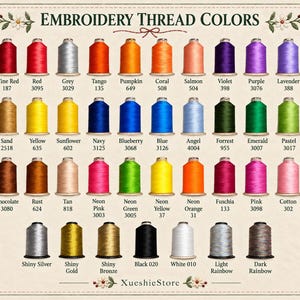 Puede incluir: Una carta de colores titulada EMBROIDERY THREAD COLORS que muestra cuarenta y ocho carretes de hilo en varios tonos, incluyendo rojo, naranja, amarillo, verde, azul, morado, rosa, marr&oacute;n, negro, blanco y tonos met&aacute;licos, cada uno etiquetado con nombre y n&uacute;mero.