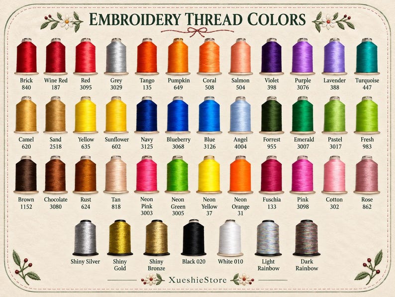 Puede incluir: Una carta de colores titulada EMBROIDERY THREAD COLORS que muestra cuarenta y ocho carretes de hilo en varios tonos, incluyendo rojo, naranja, amarillo, verde, azul, morado, rosa, marr&oacute;n, negro, blanco y tonos met&aacute;licos, cada uno etiquetado con nombre y n&uacute;mero.