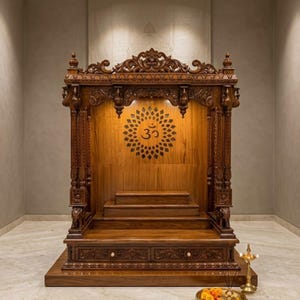 May include: A dark brown wooden home temple featuring intricate carvings, a tiered platform, and a central back panel with a laser-cut Om symbol. The structure includes two lower drawers with small knobs and is illuminated by integrated lighting.