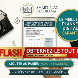 Peut inclure: Une tablette numérique affichant une page de planning pour septembre avec le texte SMART PLAN STUDIO MA, STOP PLANIFIER AU HASARD et VOILÀ VOTRE MEILLEURE ANNÉE. Un appareil photo vintage et un chapeau noir entourent la tablette.