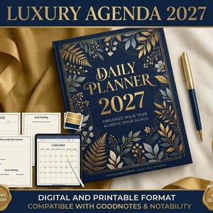 2027 Digital Planner, Dated Daily Weekly Monthly PDF in Navy Blue and Gold