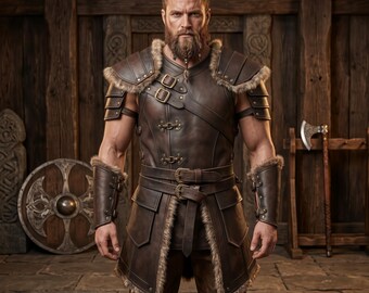 May include: A dark brown leather chest piece with fur trim, featuring layered shoulder pauldrons, metal buckles, and matching forearm bracers. The armour includes a wide waist belt with double buckles and a long, layered skirt section with fur edges.