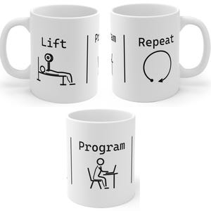 Puede incluir: Una taza de cerámica blanca con gráficos y texto en líneas negras. El diseño muestra tres secciones distintas: una persona levantando pesas etiquetada como 'Lift', una persona trabajando en una computadora etiquetada como 'Program' y una flecha circular etiquetada como 'Repeat'.
