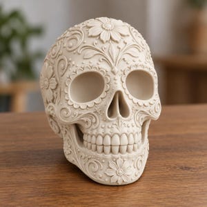 May include: A cream-colored decorative skull sculpture featuring intricate relief carvings of flowers, swirling vines, and dotted patterns across the entire surface. The skull has hollow eye sockets, a nasal cavity, and a detailed set of teeth.