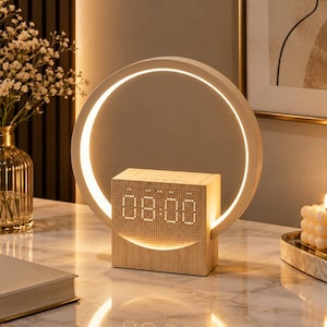 Wooden LED Alarm Clock with Ring Night Light, Digital Bedside Lamp, Modern Desk Decor