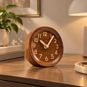 May include: A round wooden desk clock with a dark brown finish, featuring light-coloured raised numerals from 1 to 12 and matching light-coloured hour and minute hands. The clock has a smooth, circular frame and a concave face design.
