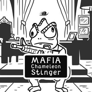Puede incluir: Una ilustración de arte lineal en blanco y negro de un camaleón sosteniendo un rifle. El camaleón está frente a un escritorio en una habitación con un candelabro y sillas. Un letrero rectangular frente al camaleón dice MAFIA Chameleon STINGER.