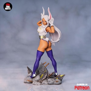 May include: A collectible anime-style figurine of a character with long white hair, prominent rabbit ears, and a white leotard with a yellow crescent moon emblem. The figure wears purple thigh-high stockings and stands on a base of gray rubble.
