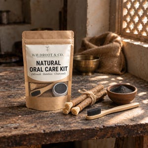May include: A brown paper pouch labelled Wildroot & Co. Natural Oral Care Kit containing miswak, bamboo, and charcoal. Beside the pouch are three tied miswak sticks, a bamboo toothbrush with black bristles, and a small bowl of charcoal powder.