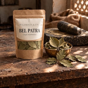May include: A brown paper pouch labelled Wildroot & Co. Bel Patra (Aegle marmelos) containing dried green leaves, with a small brass bowl filled with the same dried leaves and several loose leaves placed in front of the pouch.