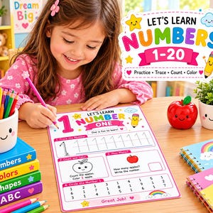 May include: A colorful educational worksheet titled Let's Learn Number One with tracing exercises, counting tasks, and number recognition activities. The page features a cartoon apple, a pencil, and a rainbow, designed for practicing writing numbers.