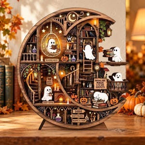 May include: A crescent moon-shaped wooden diorama featuring multiple levels with miniature ghosts, bookshelves, and lit lanterns. Text includes 'BEADING NOOK', 'GHOST STORIES', 'GHOST COFFEE', 'BOOKS ARE MAGIC & SO ARE GHOSTS', 'SHHH!', 'GHOSTS READING', and 'READING IS A HOOT'.