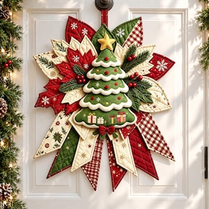 May include: A quilted fabric Christmas wall hanging featuring a central green tree topped with a yellow star, decorated with red berries and small gift boxes. The tree is surrounded by layered, pointed fabric petals in red, cream, and green.