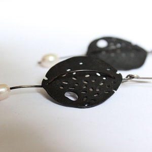 Black Snow-Earrings Sterling Silver White Pearls -Silver Oxidized or Silver Satin Finish-Dangle Earrings-Holes-Circle Minimalist Earrings image 1