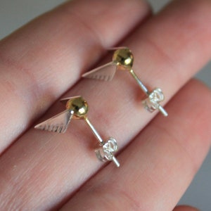 Handmade 18k Gold Plated Sterling Silver Winged Ball Stud Earrings-Flying Golden Ball-Snitch Earrings-Wings  Earrings