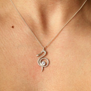 Può includere: Una collana di serpente d'argento con una pietra preziosa trasparente al centro del corpo del serpente.