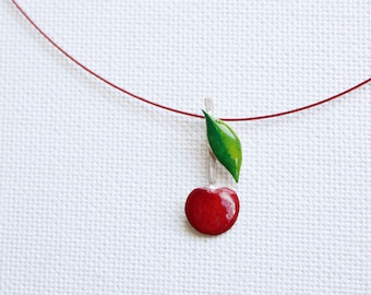 Juicy Cherry-Sterling Silver Cherry-Original Painting-Artwork Jewelry-Cherry Necklace-Fruit Necklace-Metallic Coloured Wire